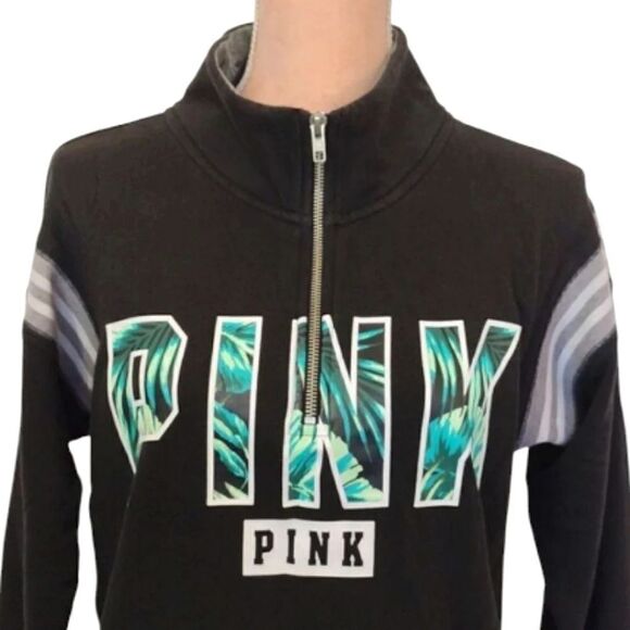 PINK VS Y2K Black Green Tropical Logo Quarter Zip Pullover Sweatshirt Small - Picture 3 of 14